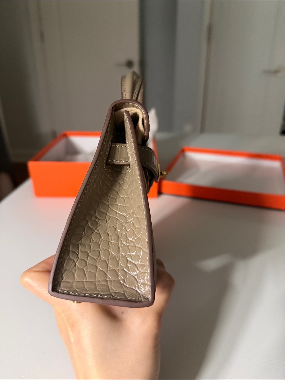 Taupe Croc-Embossed Top Handle Bag with Gold Hardware - Picture 5 of 12